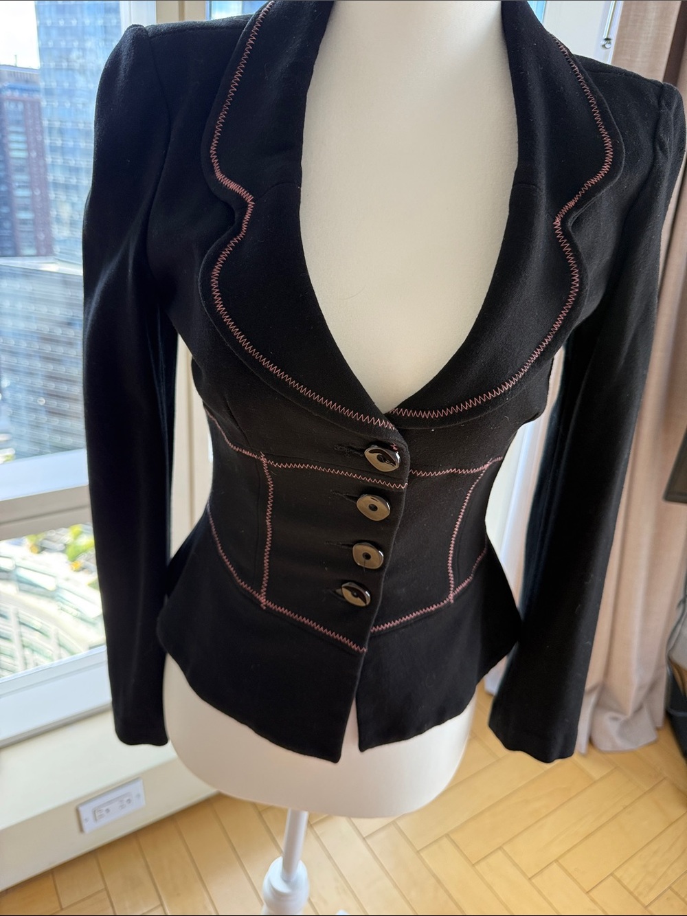 bebe Black Fitted Blazer with Pink Contrast Stitching